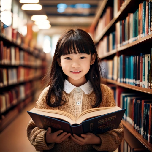 도서관에 있는 여자 초등학생