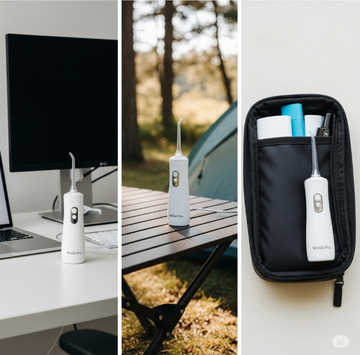 위고프로 휴대용 구강세정기가 사무실 책상, 캠핑 테이블, 그리고 여행용 파우치에 놓여있는 모습