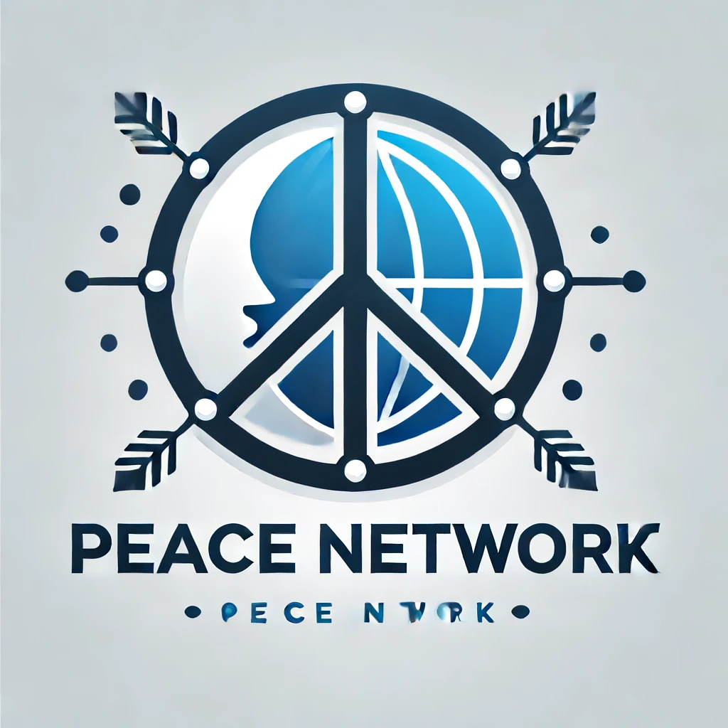 피스 네트워크 로고 동그란 원형의 로고에 나뭇잎 모양의 가지가 4갈래로 뻗어있다.