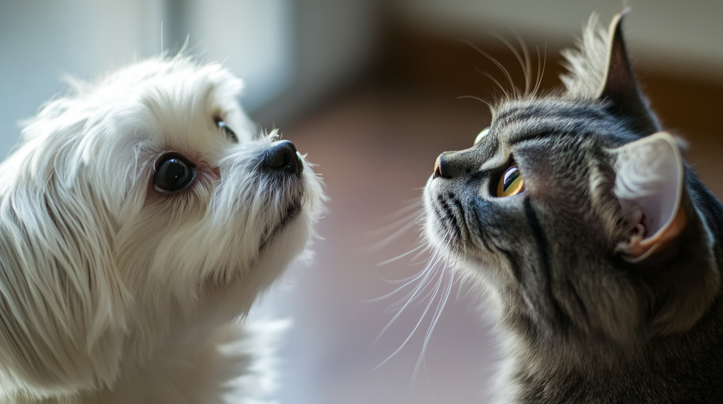강아지와 고양이가 무언가를 바라보는 사진
