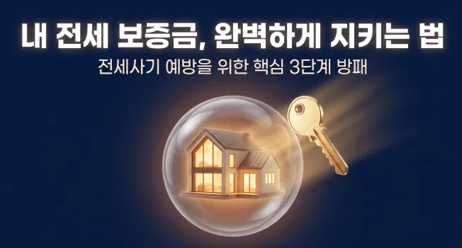 전세 계약시 유의사항: '내 전세 보증금, 완벽하게 지키는 법 — 전세사기 예방을 위한 핵심 3단계 방패'라는 문구와 함께 보호 버블 안의 주택과 열쇠가 표현된 블로그 대표 이미지. 이 이미지는 전세 계약시 유의사항의 핵심인 등기부등본 갑구 을구 확인, 선순위 채권 계산을 통한 깡통전세 판별, 전세보증보험 가입이라는 3단계 보증금 보호 전략을 시각적으로 전달하며, 전세사기 예방을 위한 실전 체크리스트 블로그 글의 주제를 설명함