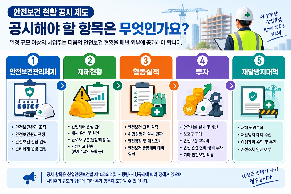 안전보건 현황 공시 항목 안전보건관리체계 재해현황 활동실적 안전보건 투자 재발방지대책