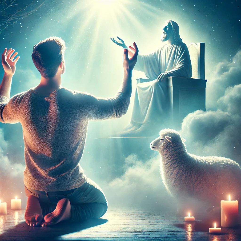 여기에 계시록 5:13 말씀을 묵상하며, 보좌에 앉으신 어린 양께 모든 영광을 돌리며 찬양하는 묵상기도의 모습을 담은 그림이 있습니다. 경건한 분위기 속에서 무릎을 꿇고 손을 들며 경배하는 모습이 표현되었으며, 하나님의 영광을 상징하는 빛이 내려와 어린 양의 임재를 상징합니다. 이 장면은 모든 피조물이 어린 양을 찬양해야 함을 깊이 묵상하는 순간을 담고 있습니다. 🙏✨