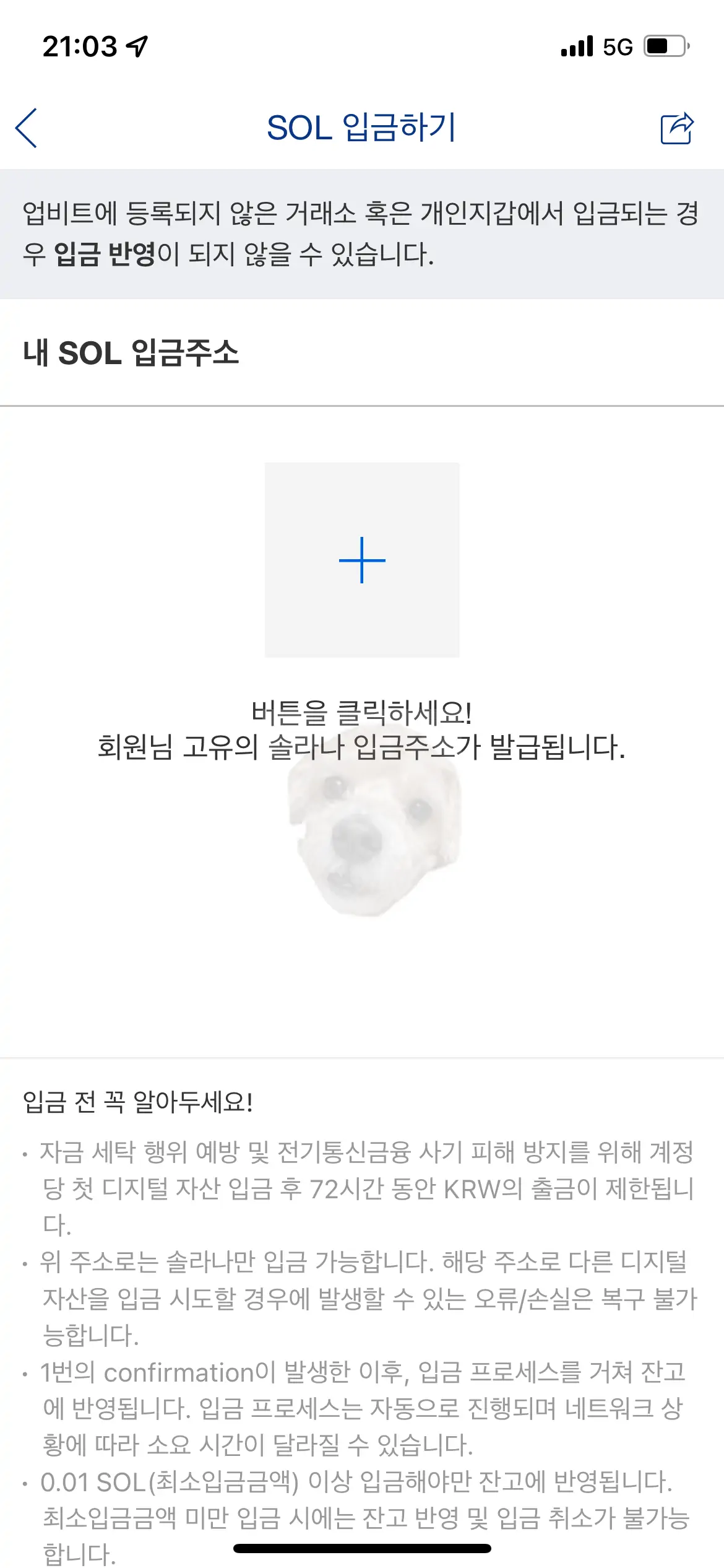 업비트 솔라나 입금 주소 생성 사진