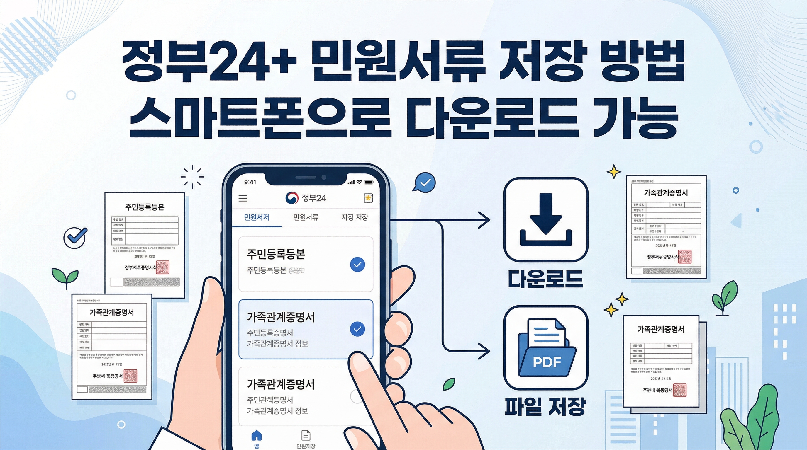 정부24 플러스 앱에서 민원서류를 스마트폰에 저장하는 방법을 안내하는 인포그래픽