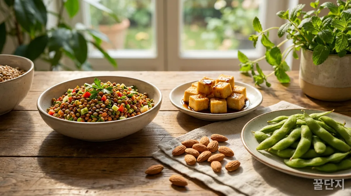 렌틸콩 샐러드, 두부, 아몬드 등 다양한 식물성 단백질