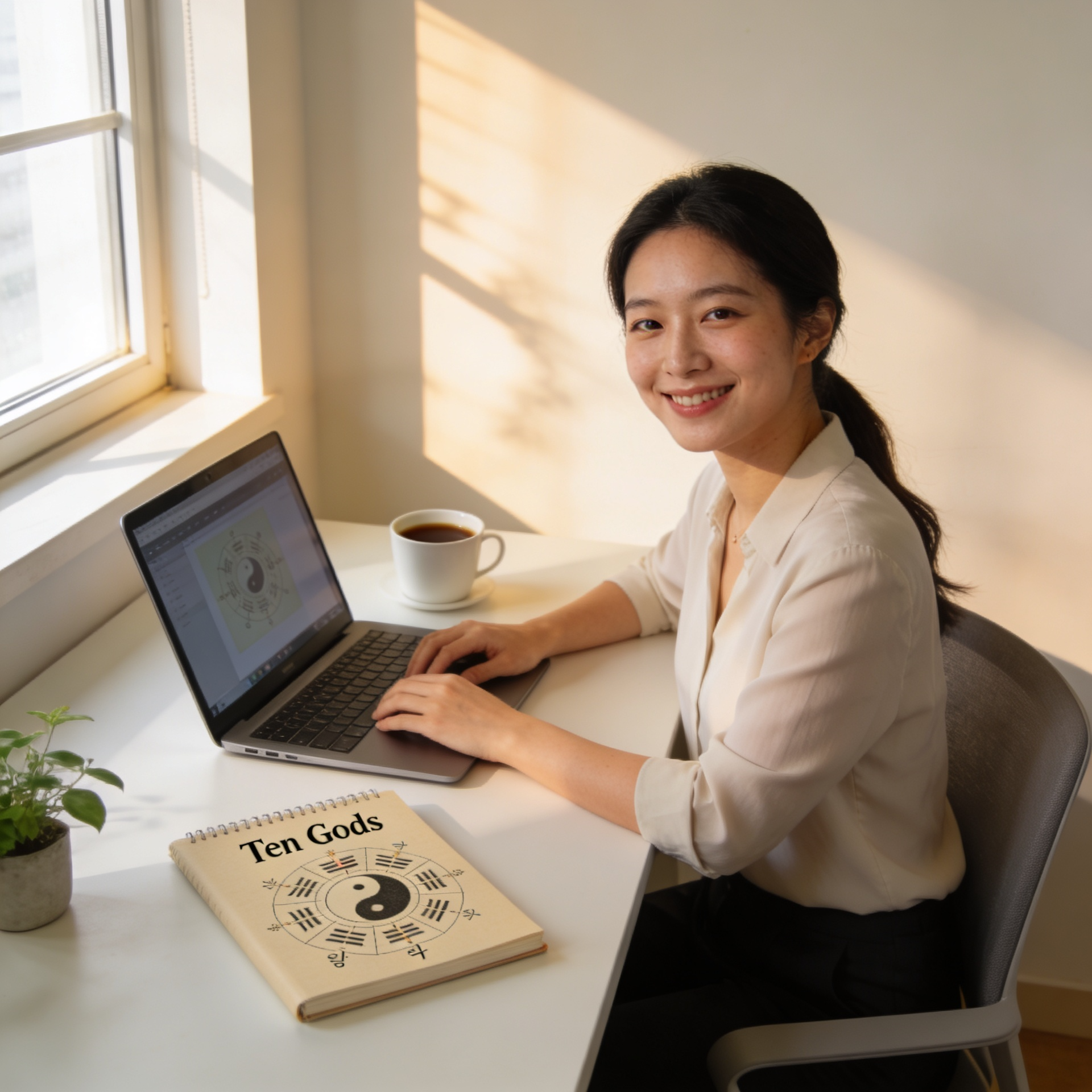 20대 후반 한국 여성 직장인이 현대적인 사무실 책상에서 노트북을 보며 자신감 있게 미소 짓고 있다. 책상 위에는 커피, 십성 기호가 적힌 노트, 작은 화분이 보인다. 성공한 직장인의 따뜻하고 전문적인 분위기.