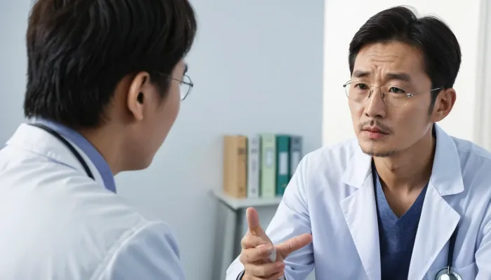 의사에게 폐암 3기 생존율과 폐암 4기 생존율을 듣는 모습