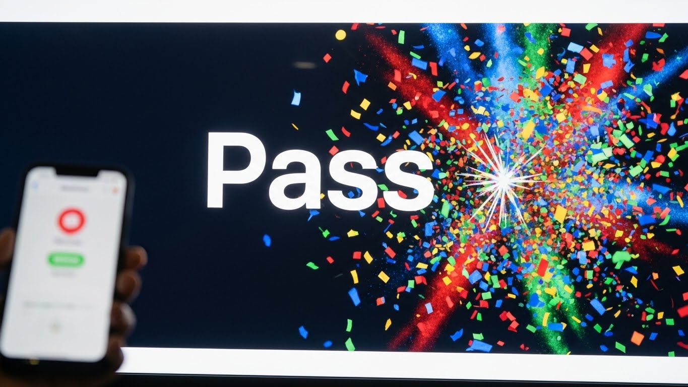 스마트폰으로 큐넷 합격 통보를 확인하며 기뻐하는 모습의 일러스트