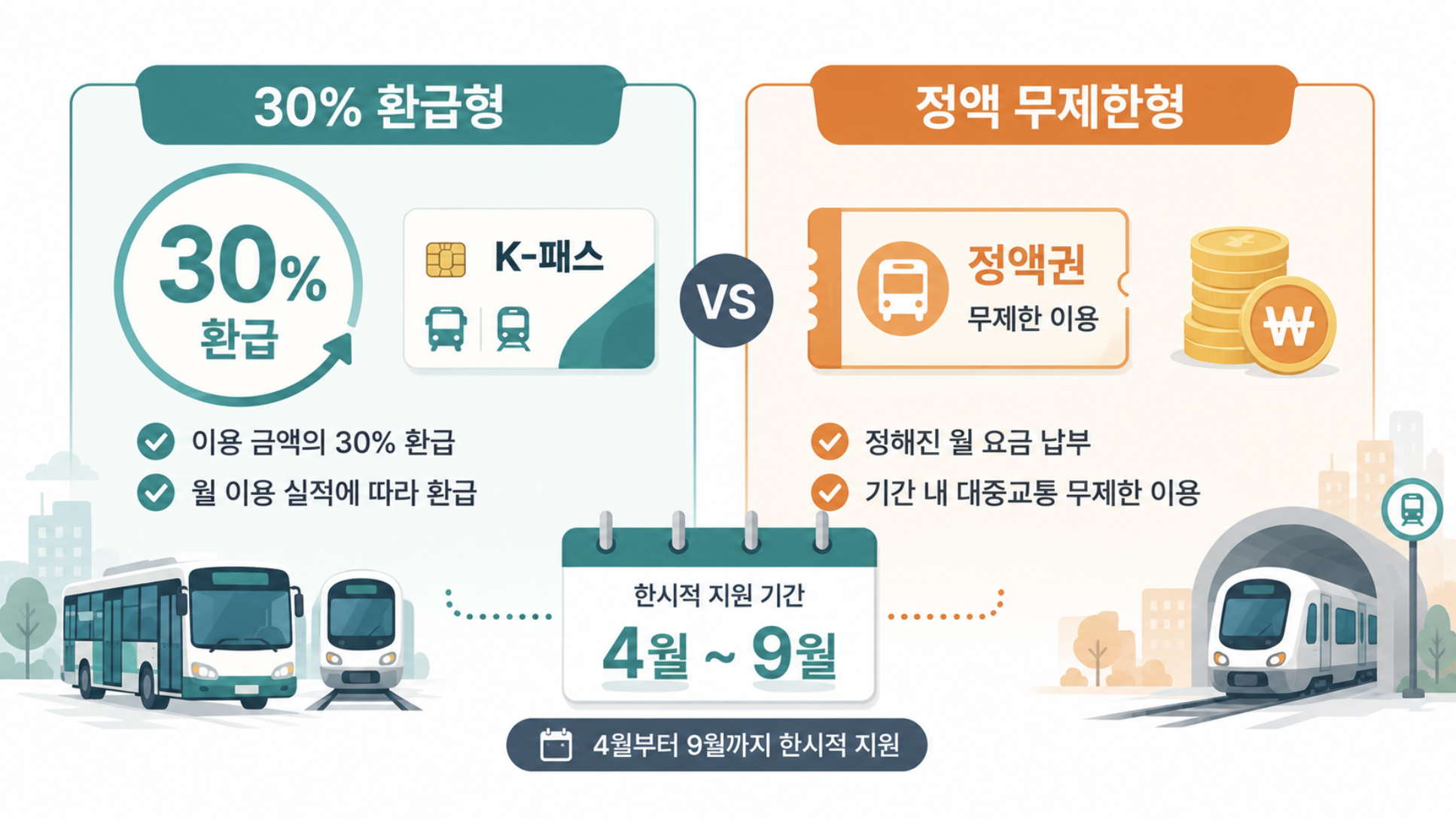 K-패스 환급형과 정액패스(모두의카드) 두 가지 방식을 비교하는 이미지