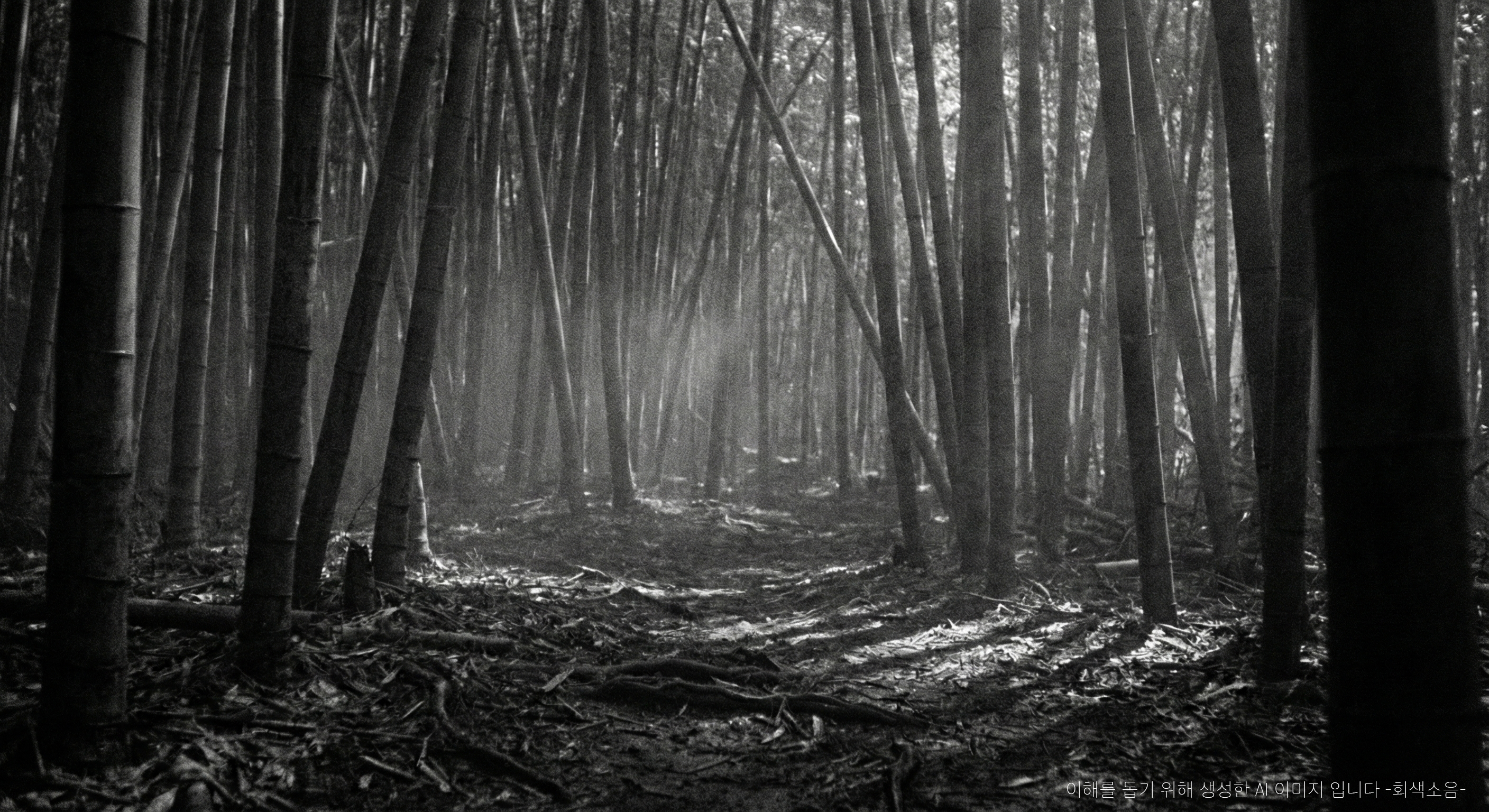 1950년대 한국의 밤, 달빛과 옅은 안개 속에서 빽빽한 대나무들이 감옥 창살처럼 시야를 막아 답답하고 긴장감이 감도는 대나무 숲 장면.
