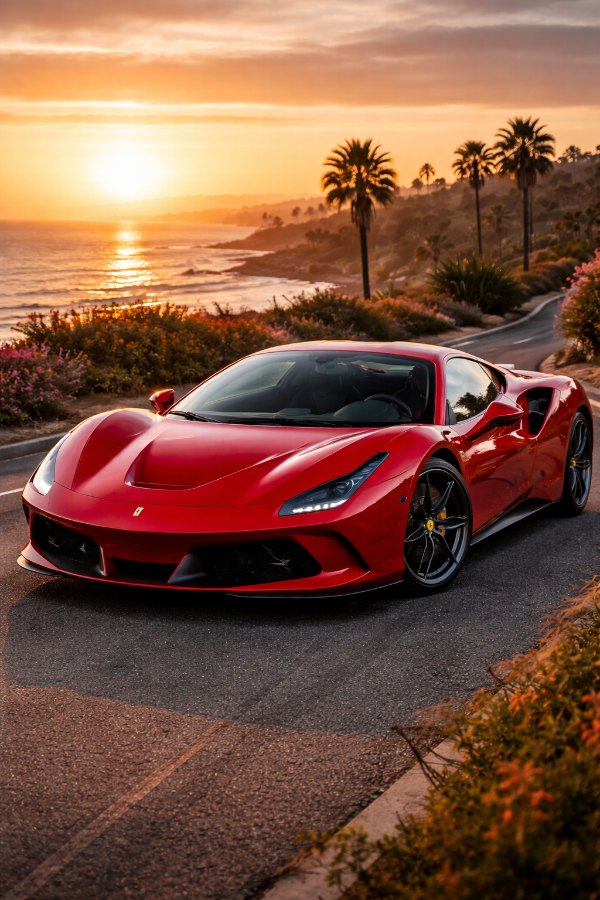 해질 무렵 해안 도로에 주차된 빨간색 페라리 F8 트리뷰토 스포츠카가 선명하게 보이며, 차량의 세련된 곡선과 LED 헤드라이트가 노을빛에 반사되고 있다. 배경에는 야자수가 늘어진 해안선과 황금빛 바다가 펼쳐져 있다.