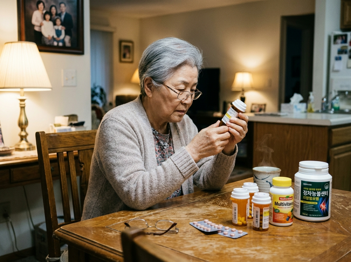 식탁에 앉아 영양제와 복용 중인 약을 함께 확인하는 한국인 시니어