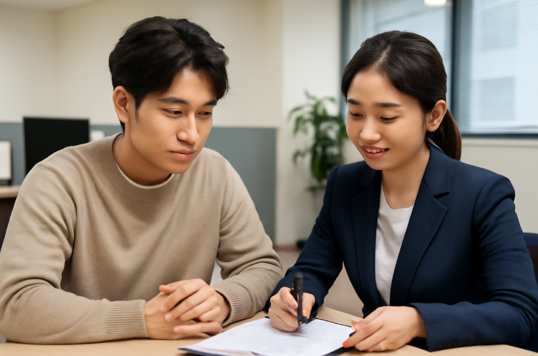 상담을 받는 사람과 공공기관 직원이 함께 서류를 작성하는 모습
