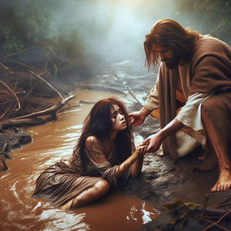 예수님이 진흙탕에 있는 여자를 잡은 사진