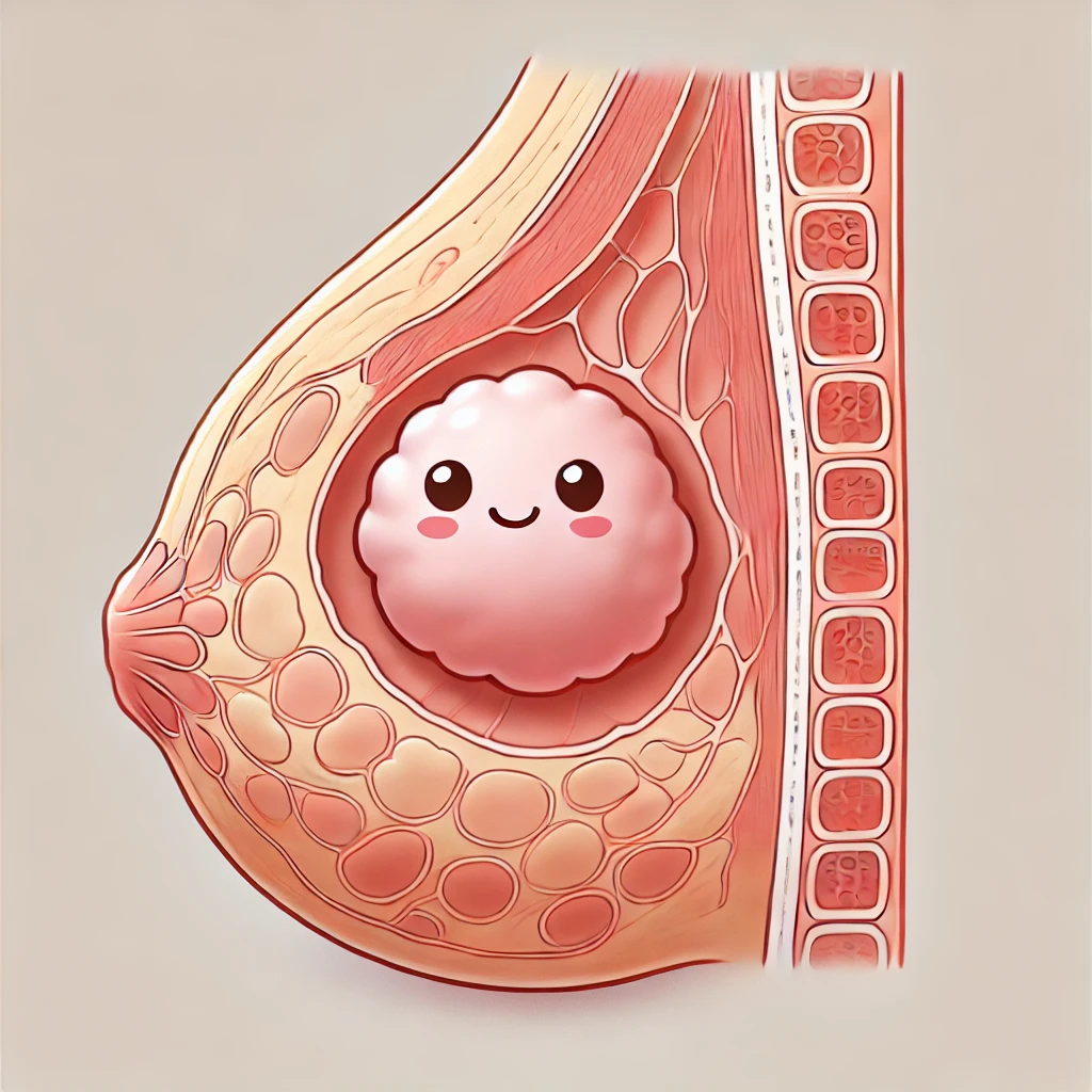 유방 속에 섬유선종 캐릭터가 있는 귀여운 일러스트