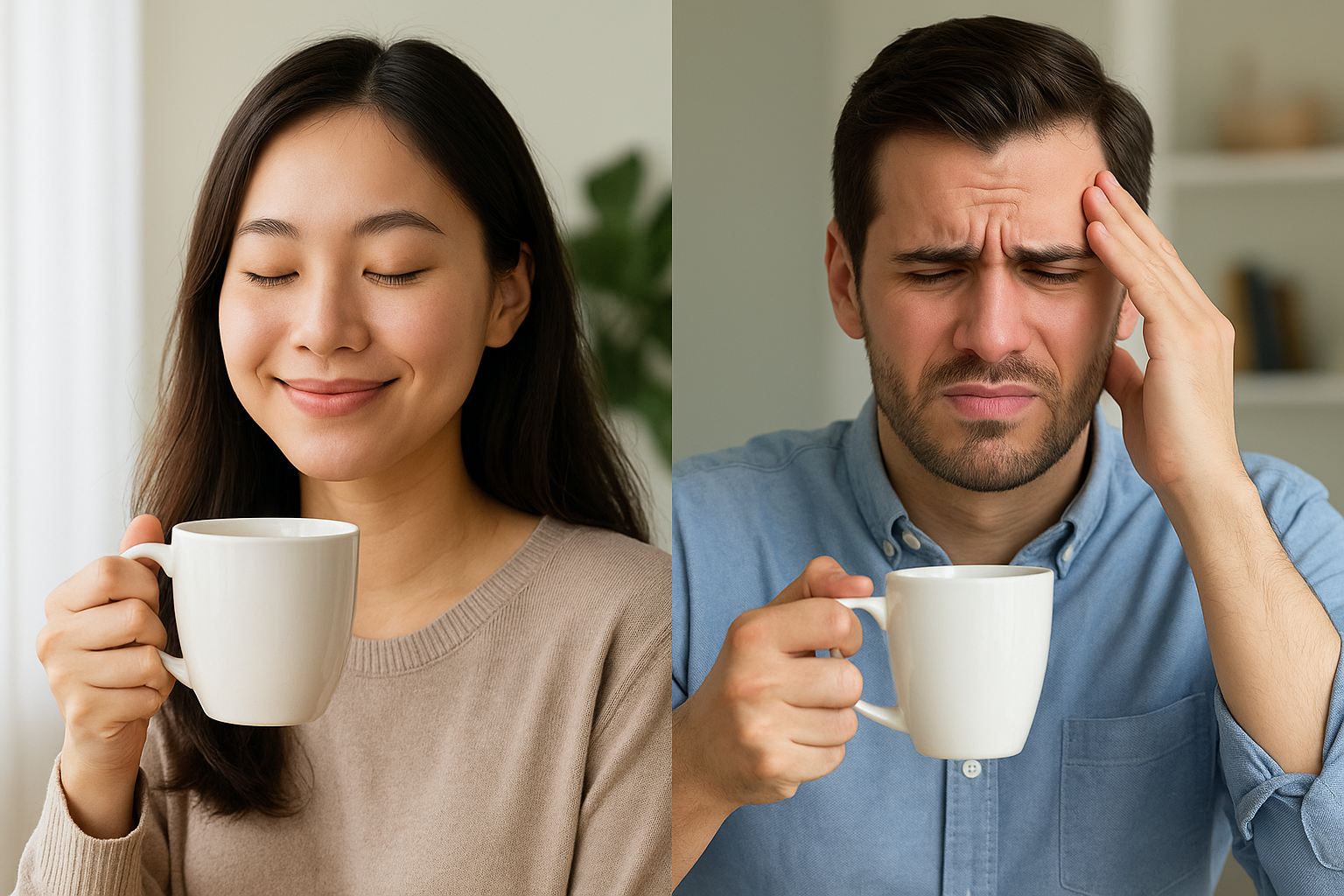 커피를 마시고 기분좋은 여자와 머리가 아픈 남자