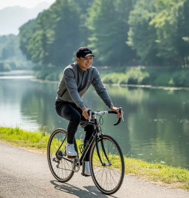 강변에서 자전거 타는 사람