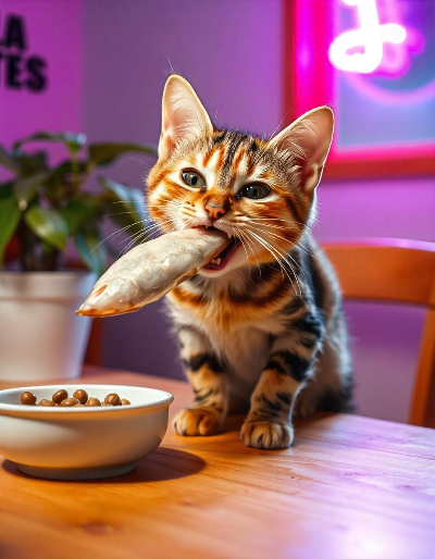 맛있게 멸치를 먹는 고양이