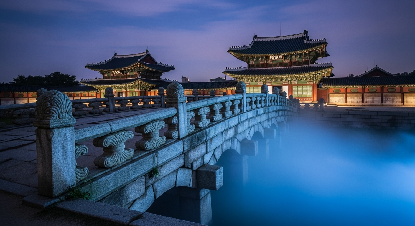 황혼 무렵 조명이 켜진 한국 전통 궁궐과 석조 다리, 푸른 빛으로 물든 다리 난간과 물, 신비로운 분위기의 야경