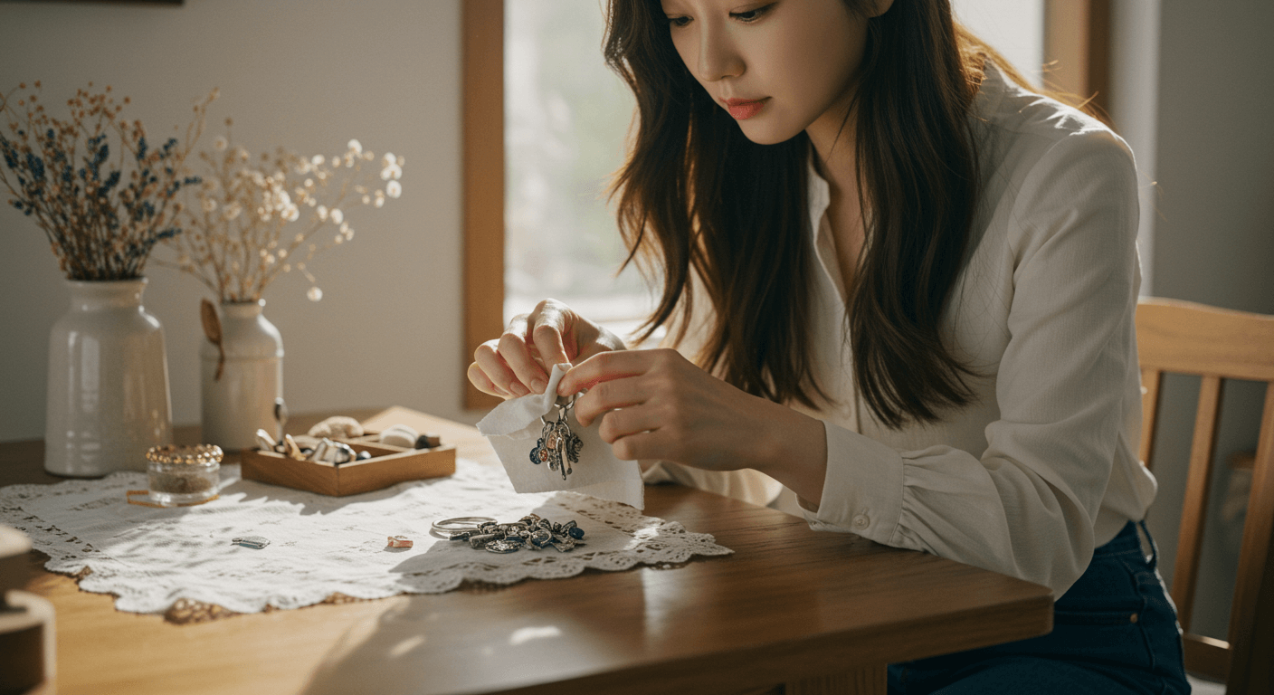 여성이 키링을 관리하며 부드럽게 닦는 장면 1