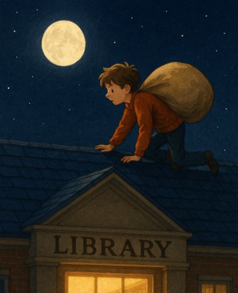 달밤에 도서관 지붕 위에서 봇짐을 매고 있는 아이의 모습