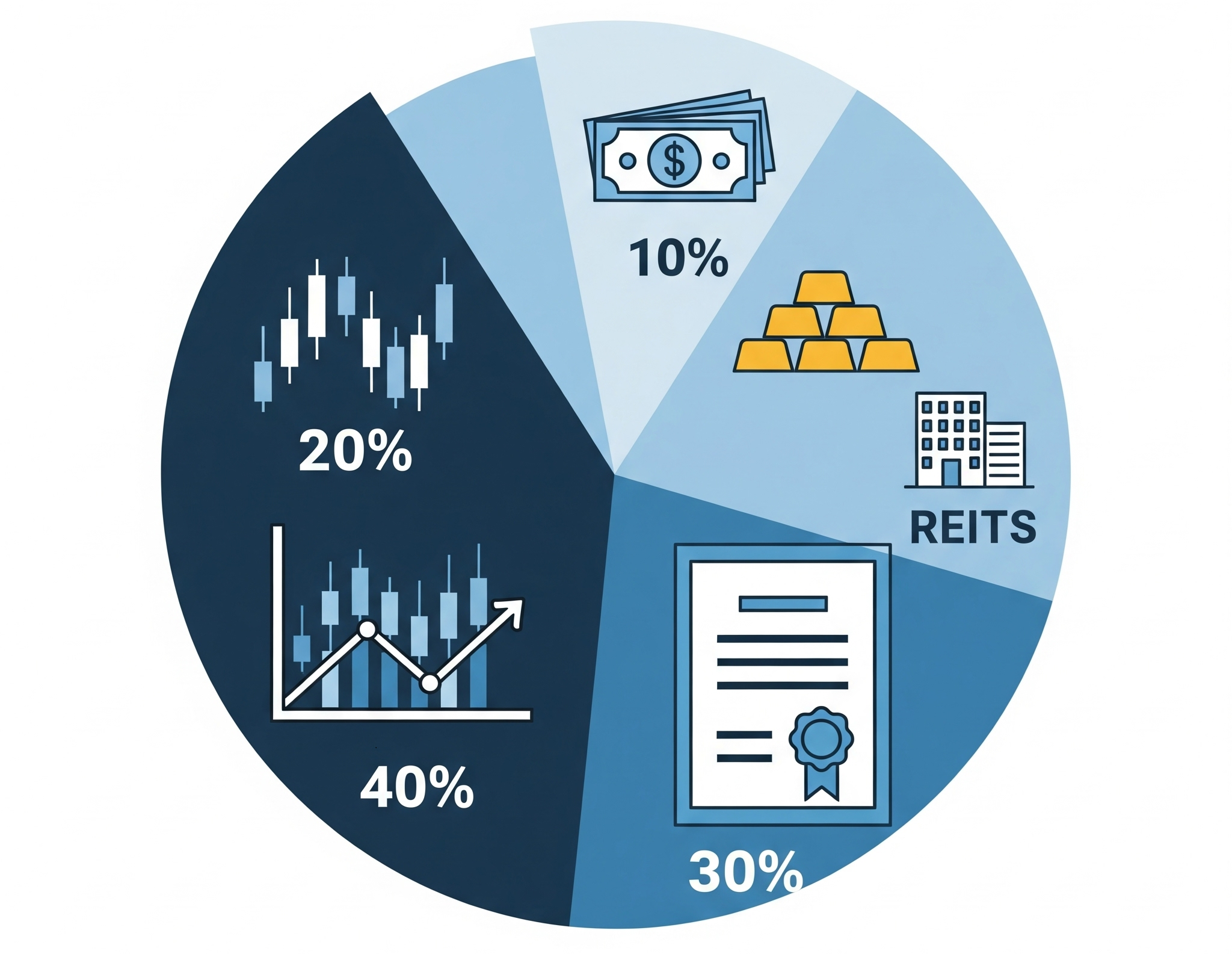주식, 채권, 대체자산, 현금이 균형을 이룬 안정적인 포트폴리오 파이 차트
