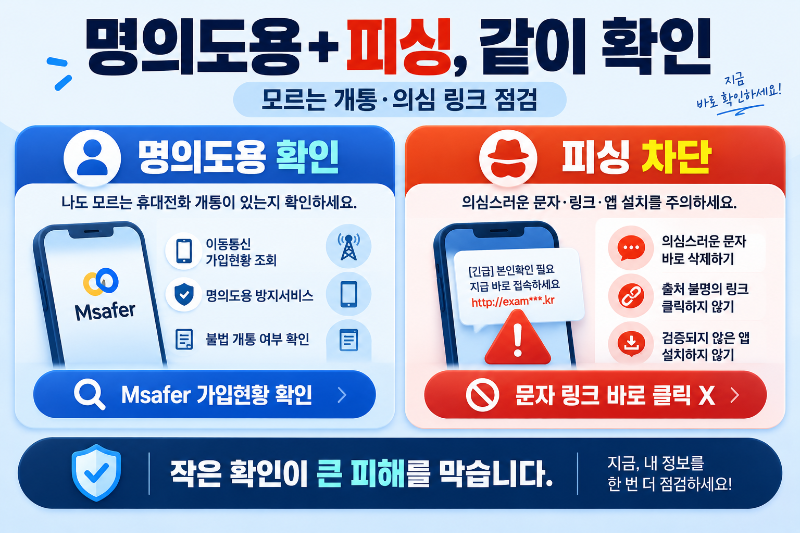 개인정보 유출 후 Msafer 명의도용 가입현황 확인과 피싱 문자 대응 방법 설명 이미지