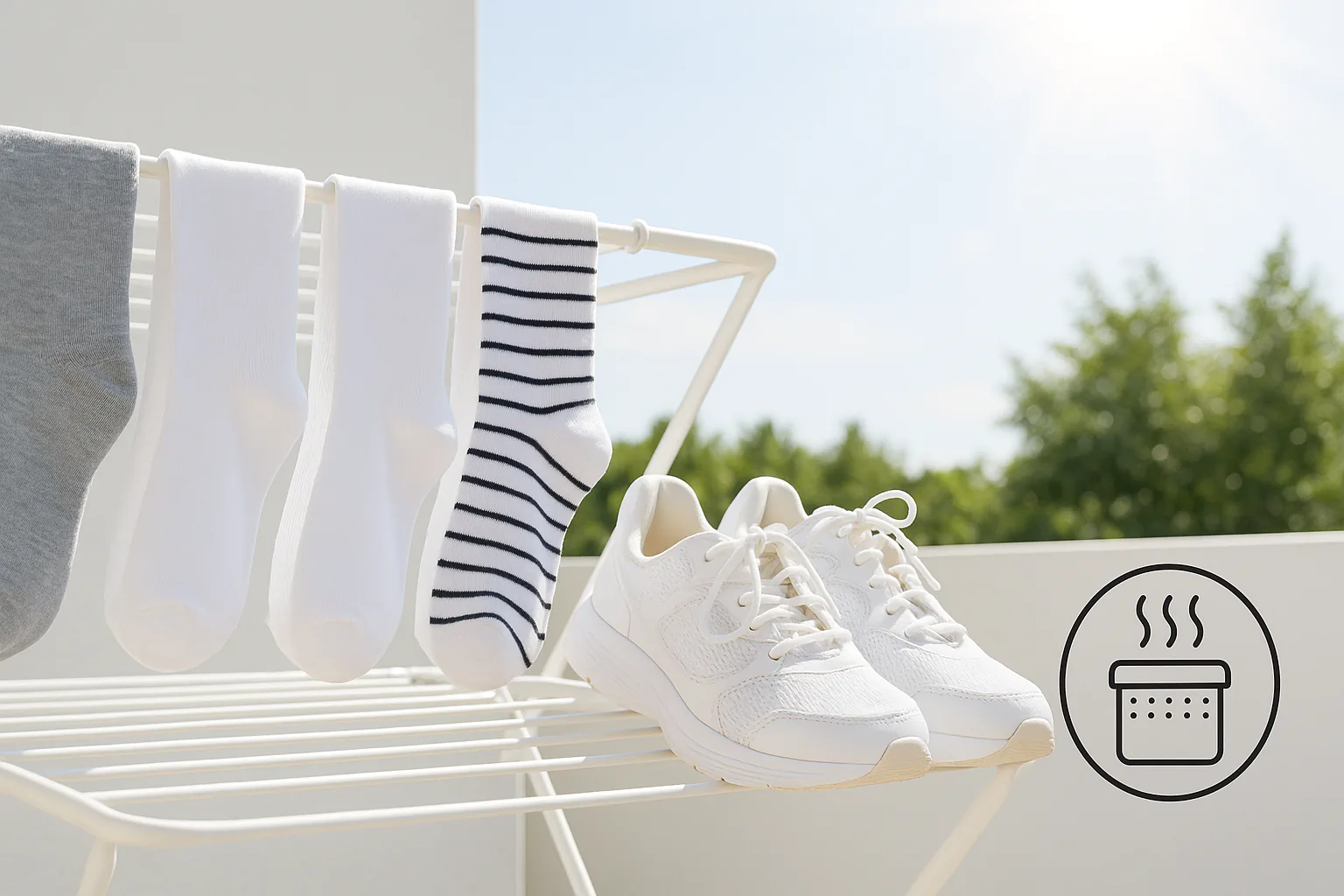 빨래건조대에 말려진 양말, 햇볕에 건조되는 운동화