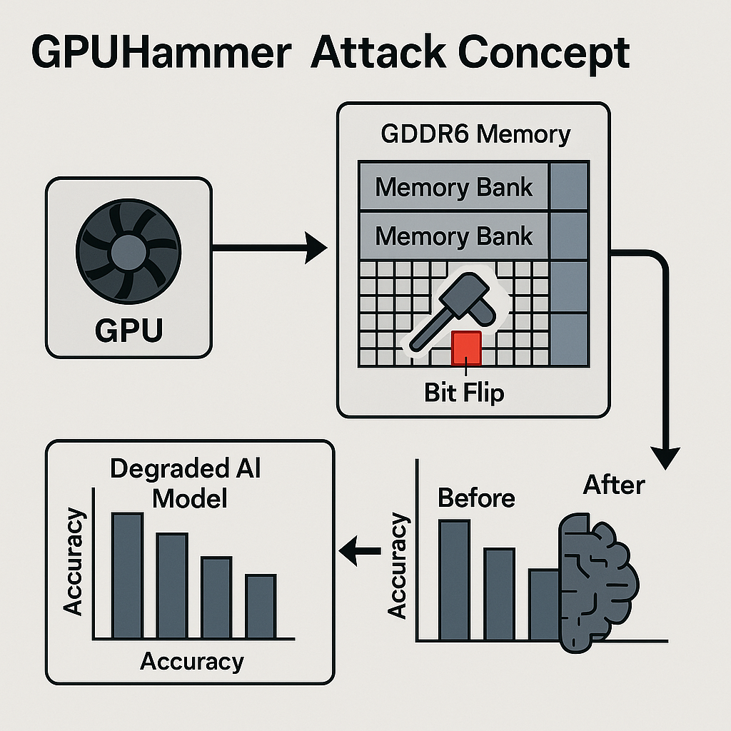 GPUHammer 공격 개념도 - GPU 메모리 비트 플립을 통한 AI 모델 정확도 저하 과정