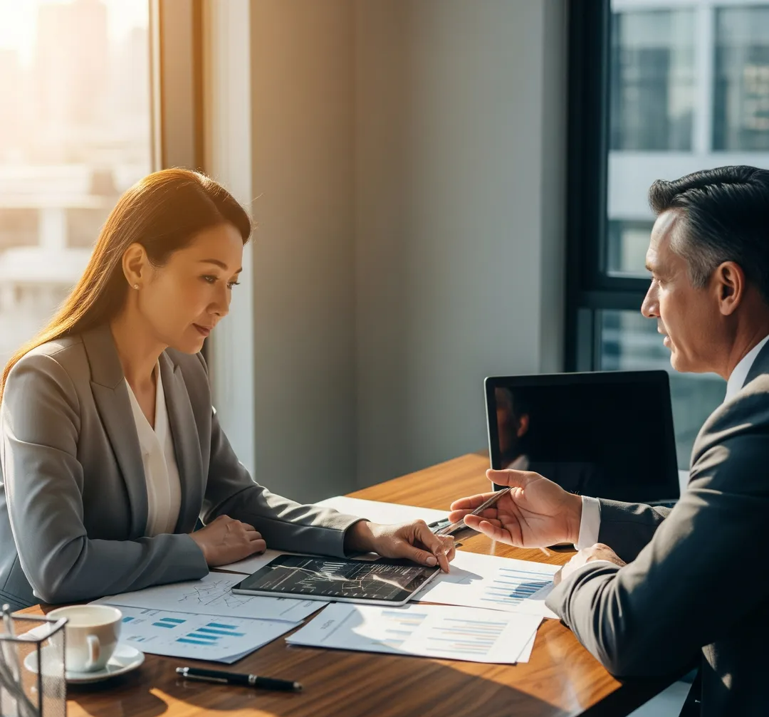 연금 투자 옵션을 상담사와 함께 검토 중인 동양인 여성