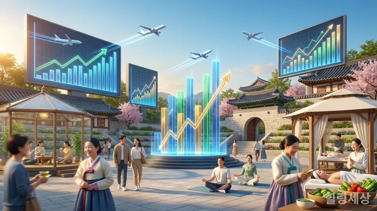 급성장하는 웰니스 관광 시장과 한국적 요소를 결합한 역동적인 일러스트