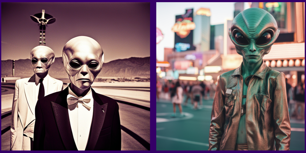 SDXL beta(왼쪽)과 0.9버전(오른쪽) 비교 - 라스베거스에 나타난 외계인