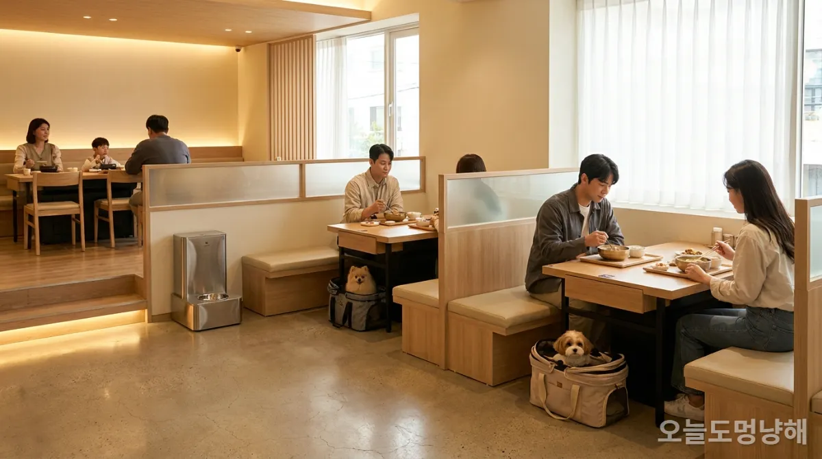 2026년 3월부터 반려동물 동반이 허용된 한국 식당 내부의 펫 프렌들리 구역