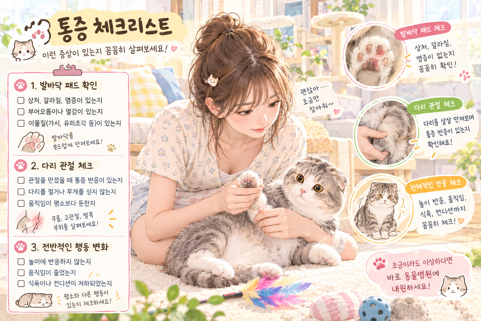 고양이 다리와 발바닥을 살피며 통증 유무를 체크하는 집사