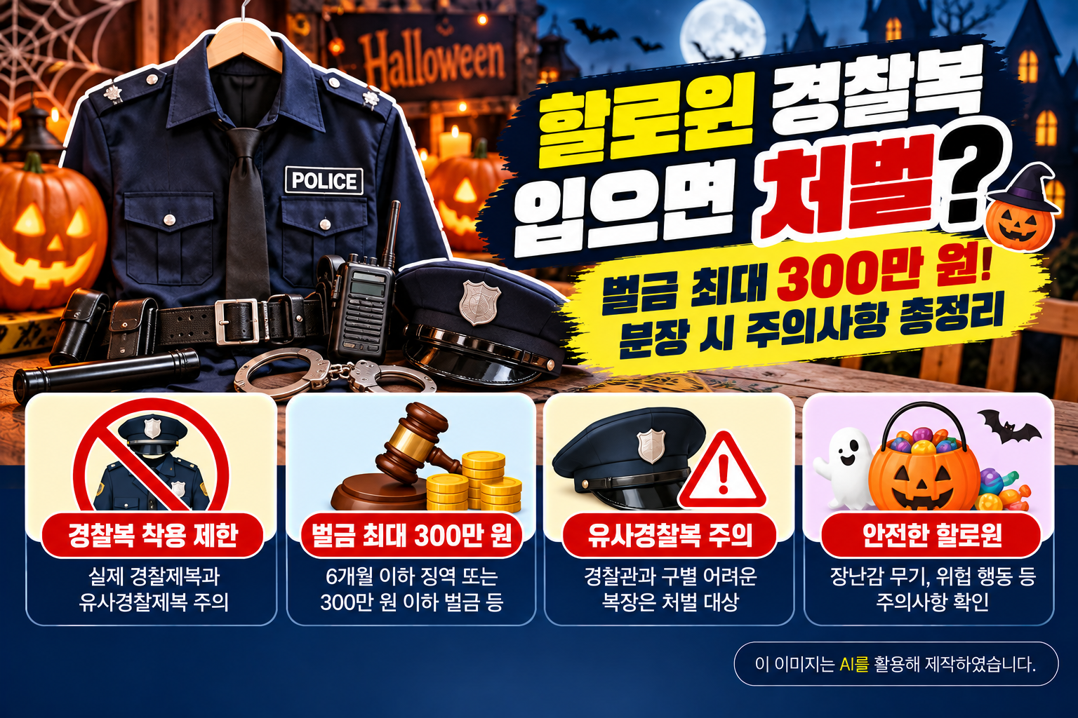 할로윈 경찰복 코스튬 착용 시 벌금 최대 300만 원의 처벌 기준과 유사경찰제복 및 분장 주의사항을 안내하는 이미지
