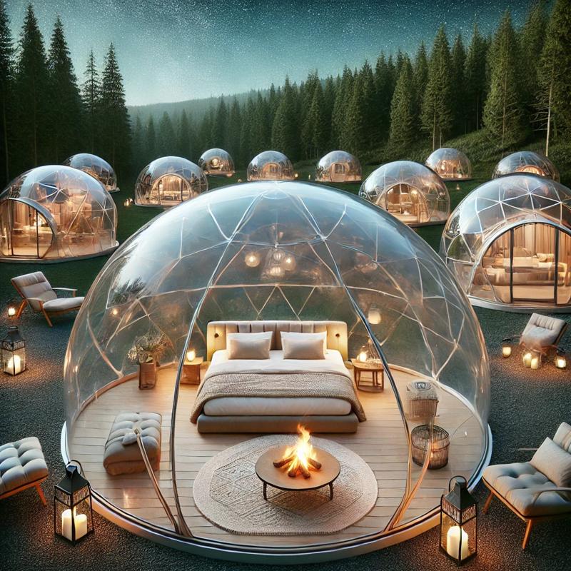 A luxurious transparent dome campsite set in a scenic natural environment., 돔 텐트 캠핑