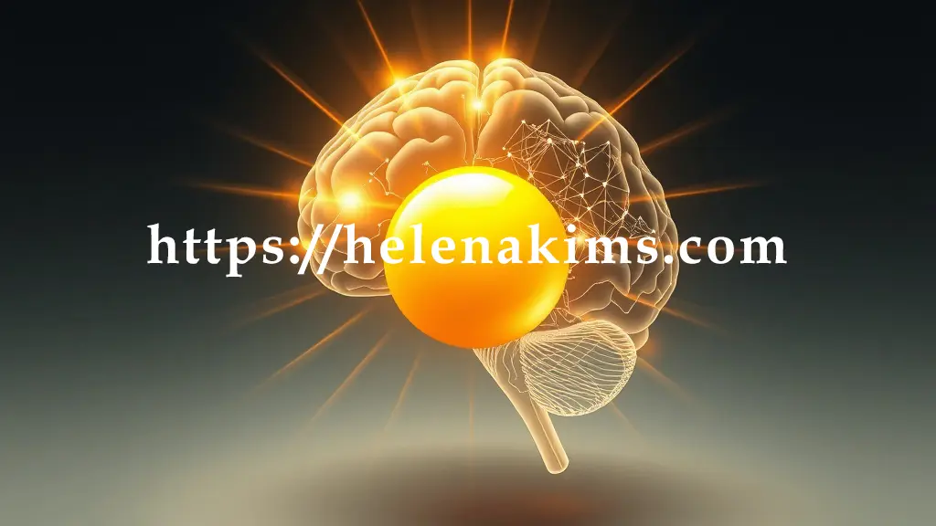 달걀 노른자에서 시작된 섬세한 빛의 에너지가 우아하게 퍼져나가며 그 위에 투명하게 겹쳐진 인간 뇌의 윤곽선으로 흘러들어간다. 뇌 내부에서는 아세틸콜린 생성을 상징하는 반짝이는 신경망이 활성화되는 모습.