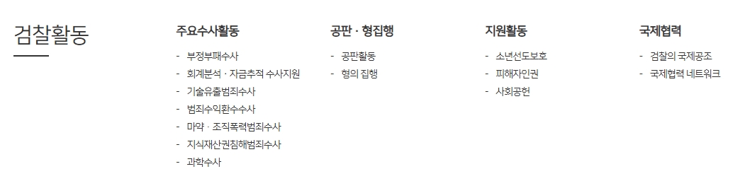 검찰의 주요 수사 활동과 사회 공헌 역할을 설명하는 안내 페이지