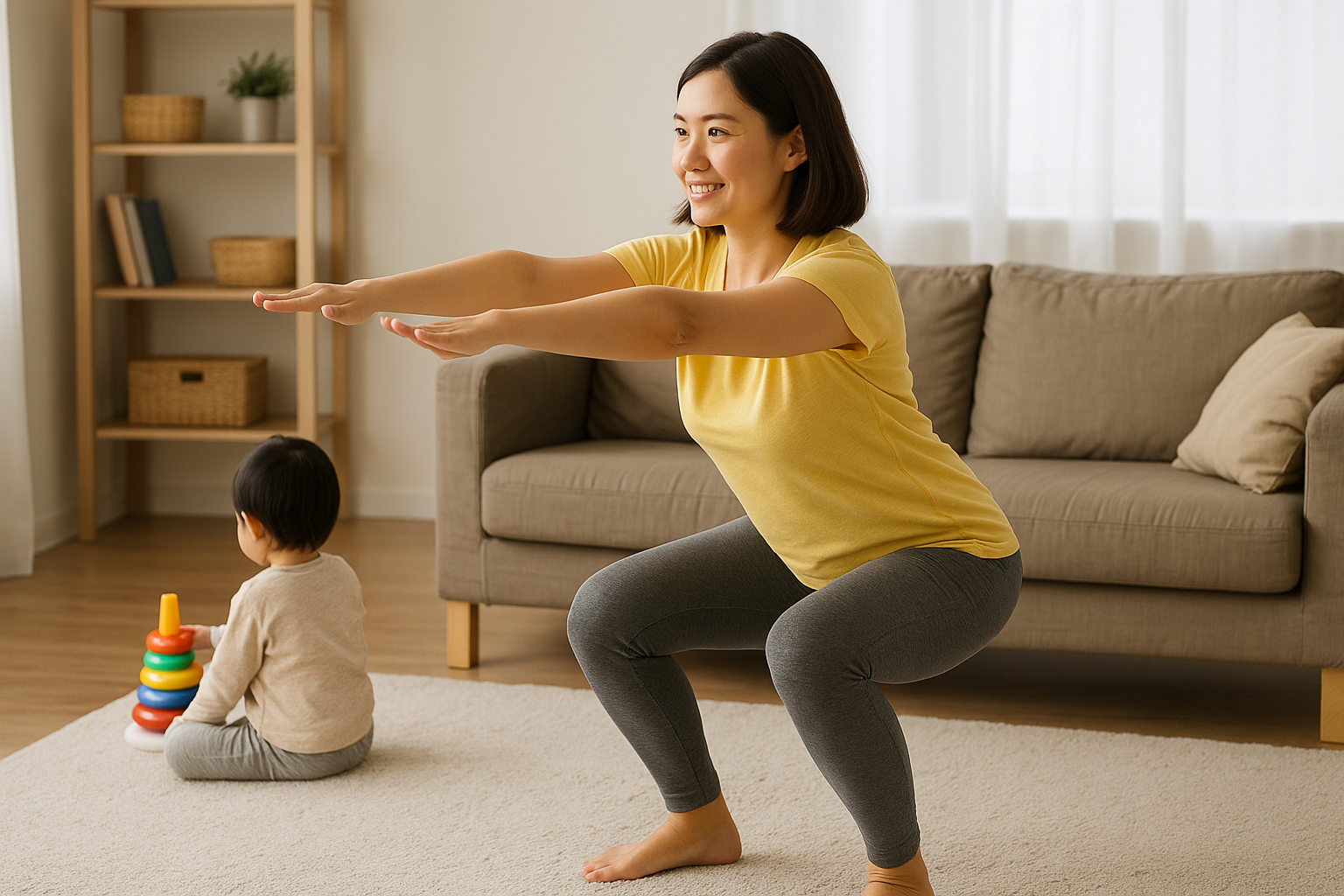 육아 중인 주부가 거실에서 스쿼트 운동을 하며 일상 속 다이어트를 실천하는 모습