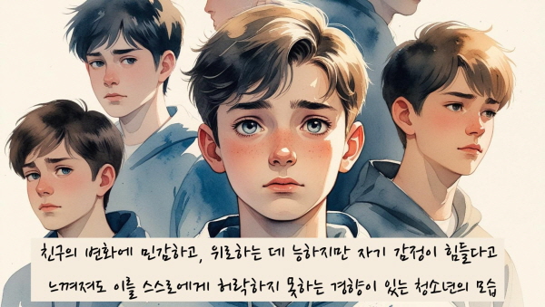 친구의 변화에 민감하고, 위로하는 데 능하지만 자기 감정이 힘들다고 느껴져도 이를 스스로에게 허락하지 못하는 경향이 있습니다에 관한 그림