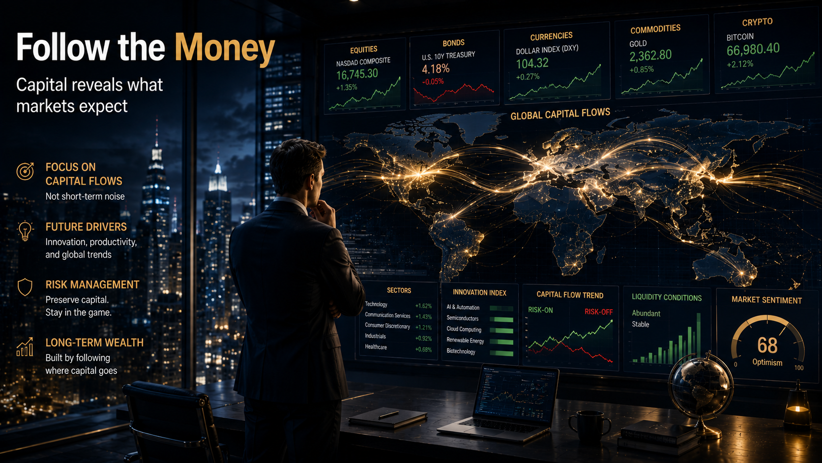 Investor studying global capital flows, liquidity trends, and long-term market opportunities through financial data analysis.