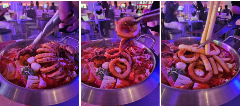 오징어튀김과 긴 떡을 먹기 좋게 직접 손질해주는 친절한 서비스