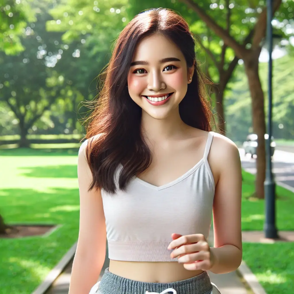 공원에서 파워워킹하며 미소 짓는 젊은 아시아 여성