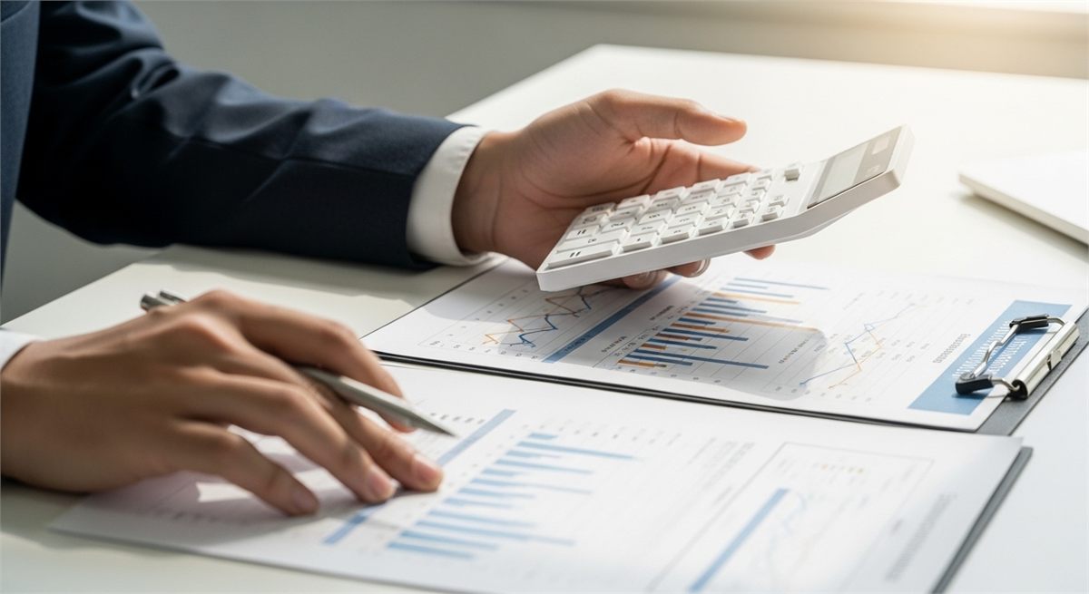 반도체 실적 자료와 계산기를 놓고 숫자를 검토하는 손 모습 