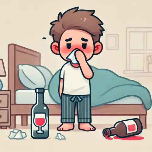 음주 후 숙취로 고생하는 남성이 코막힘에 괴로워하는 모습
