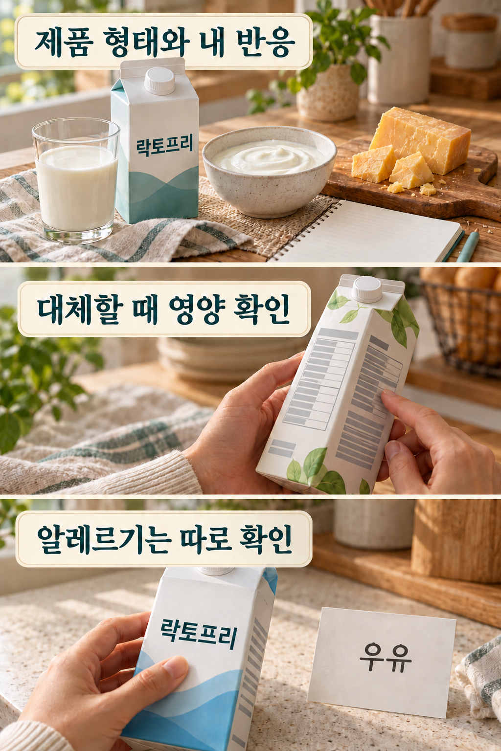 유제품과 대체 음료, 포장 확인과 식사 기록을 함께 정리한 모습