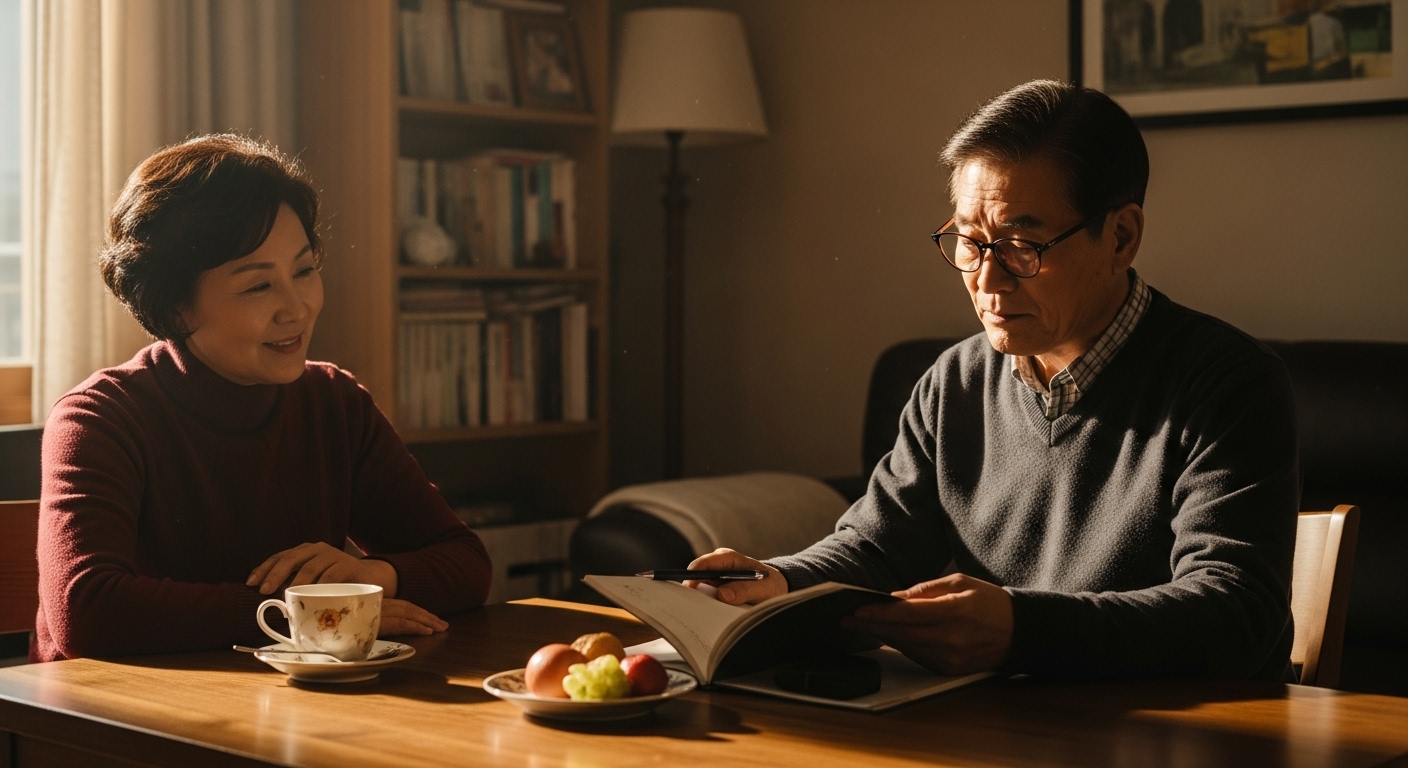 거실 식탁에서 공책을 넘기는 70대 남성과 옆에서 미소 짓는 아내의 모습