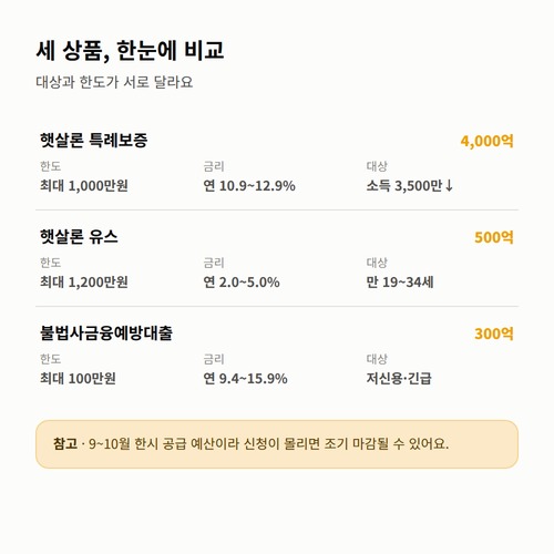 햇살론 특례보증, 햇살론 유스, 불법사금융예방대출의 지원 규모·한도·금리·대상을 비교