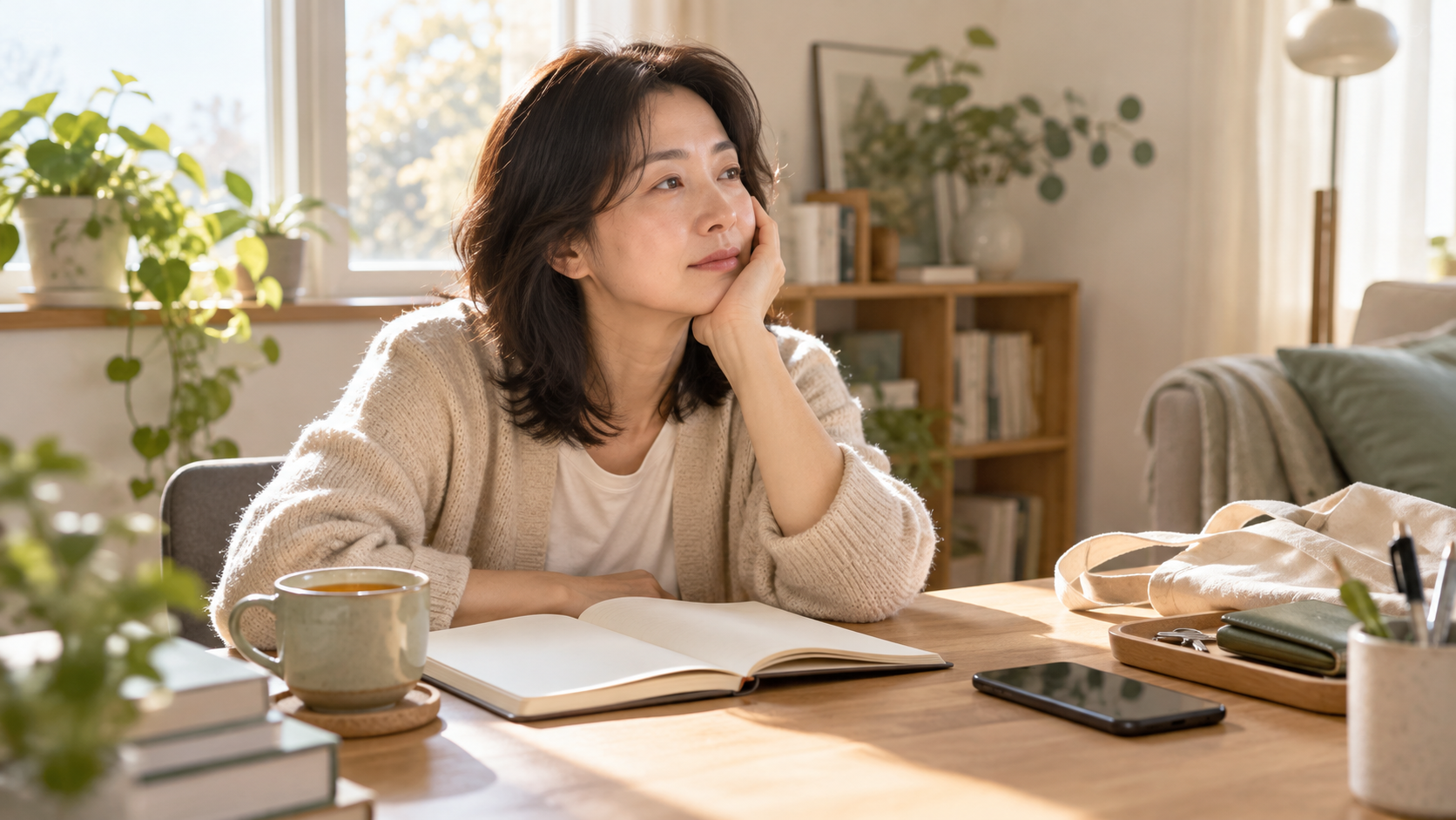 조용한 집에서 노트를 펼쳐 두고 일상의 변화를 돌아보는 여성